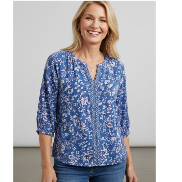 J. Jill Tops - J. JILL BLUE FLORAL SPLIT V-NECK BLOUSE BOHO BORDER PRINT WOMENS LARGE TALL